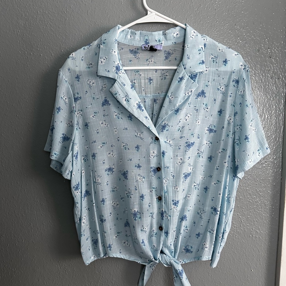 Blue Notched Collar Tie Front Crop Shirt